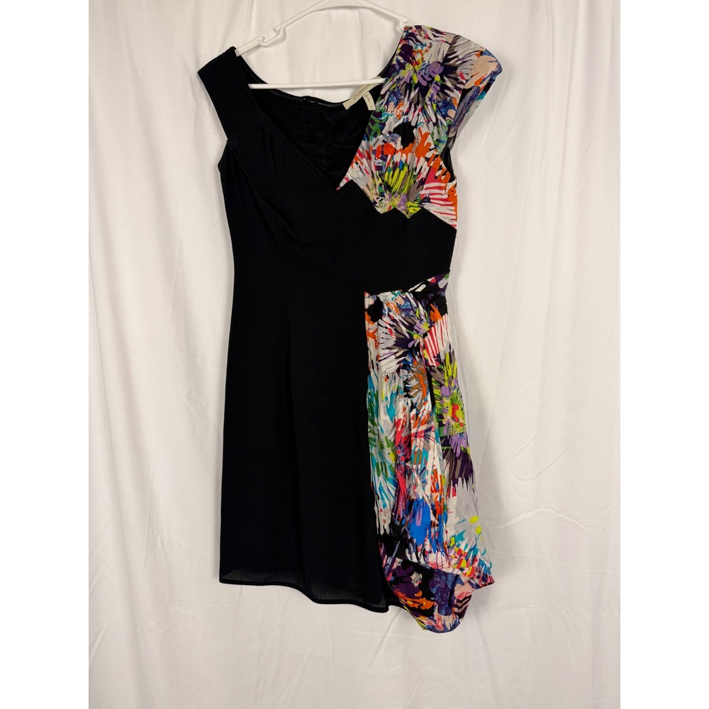 BCBGMAXAZRIA Runway Silk Blend Asymmetrical Floral Mini Dress Black Multi Size 0